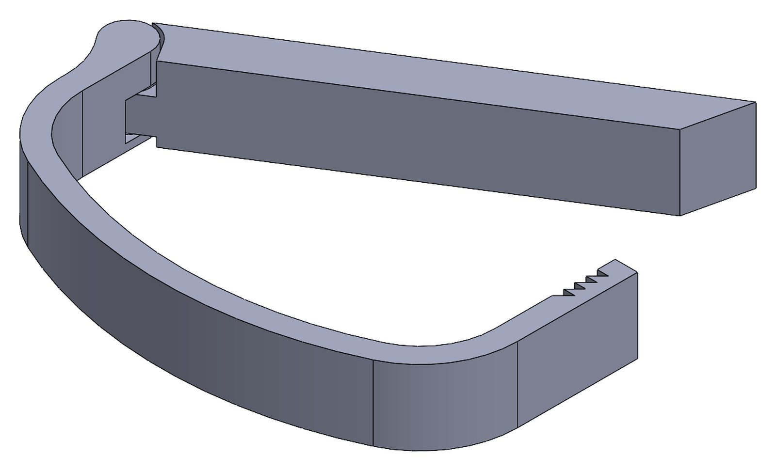 SolidWorks isometric of the capo assembly: a curved clamp band with a ratchet
