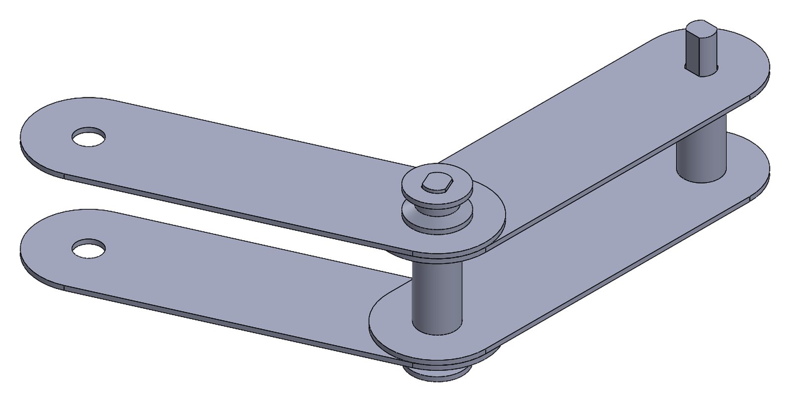 SolidWorks isometric of a small two-link arm made of flat plates joined by pins and spools