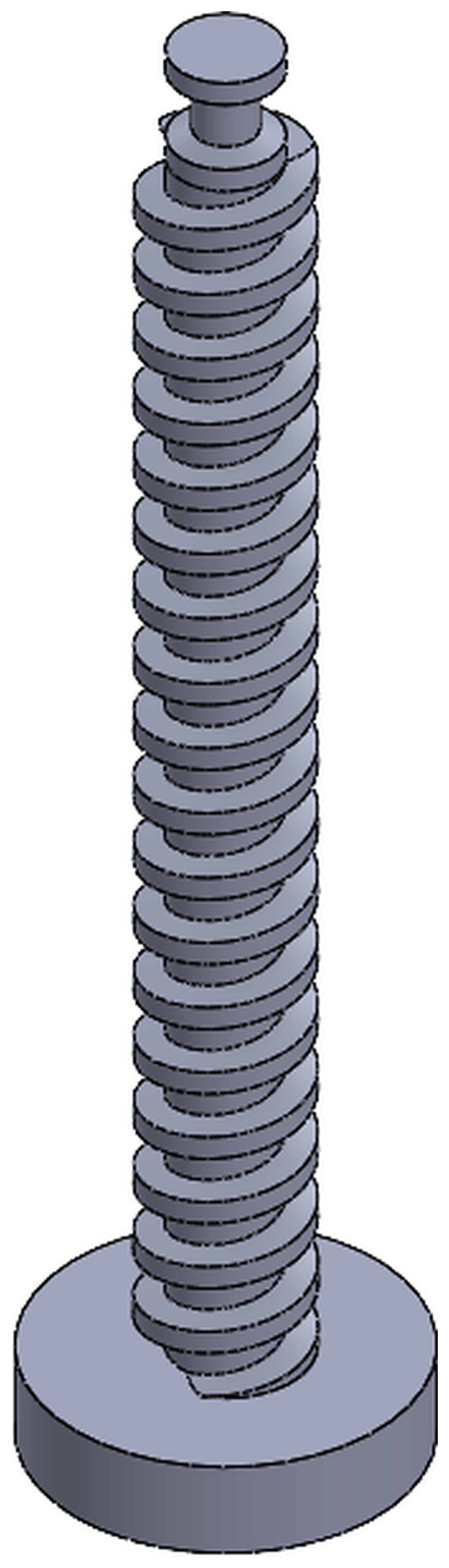 SolidWorks isometric of a long printed screw with a round base