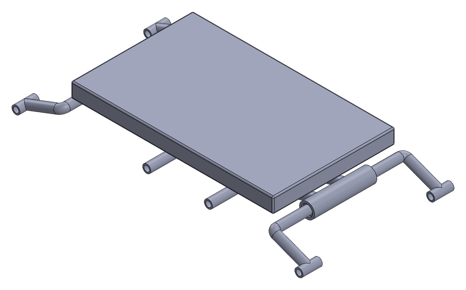 SolidWorks isometric of the tabletop and v2 folding arms, with no bench seats attached